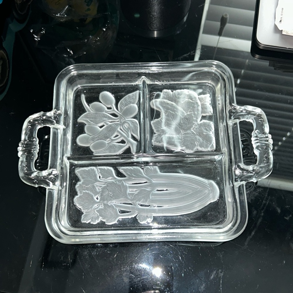 Imperial glass, frosted square divided handled relish dish